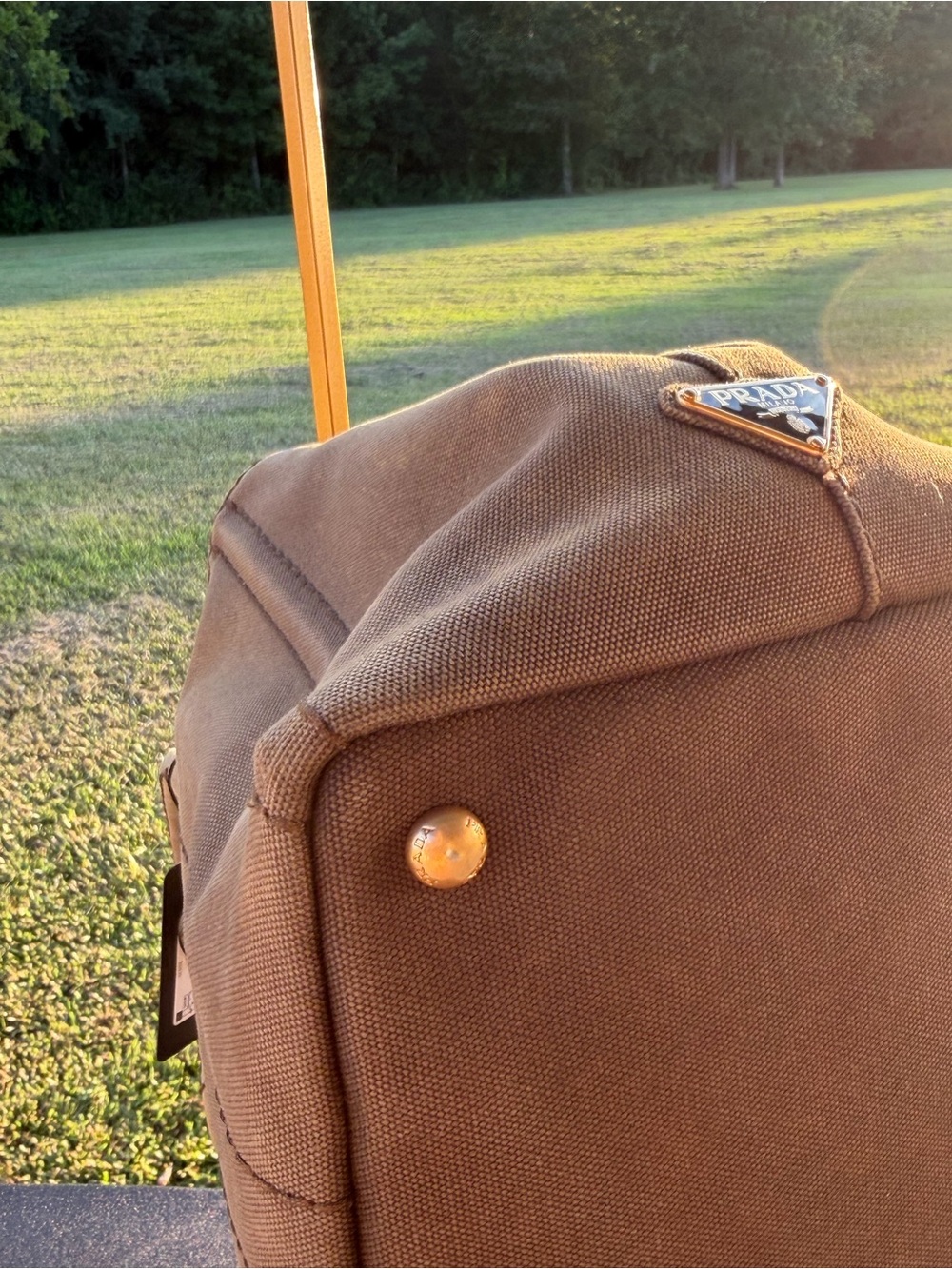 Prada taupe canvas tote with gold plaque - Picture 10 of 11